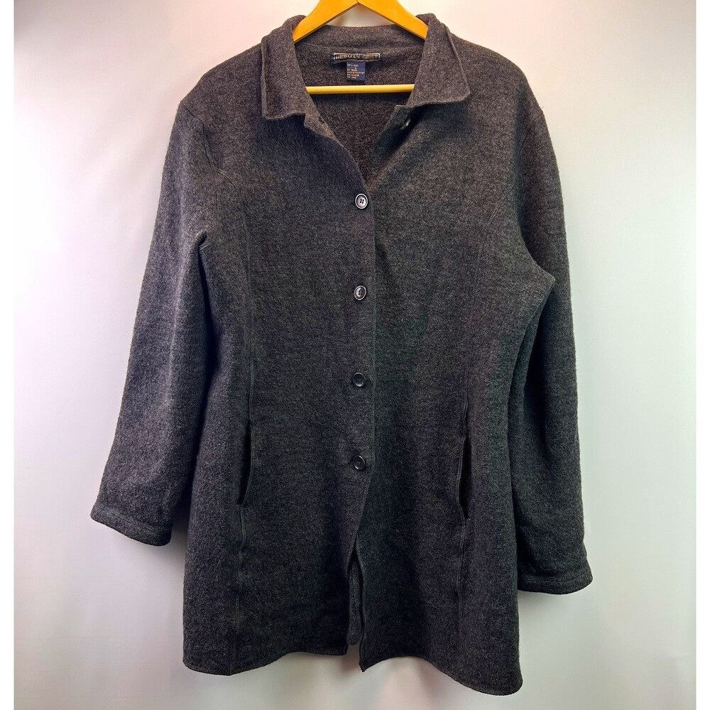 Vintage Herman Geist 100% Wool Coat Womens Large Charcoal Gray Long Jacket 90s
